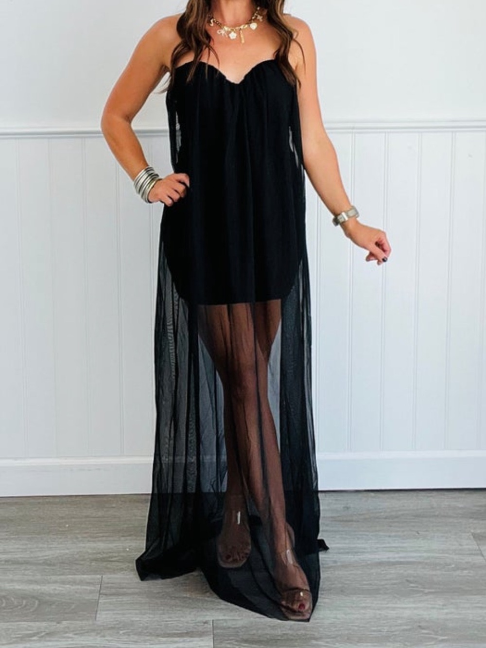 Black Strapless Sheer Overlay Maxi Dress-Medium